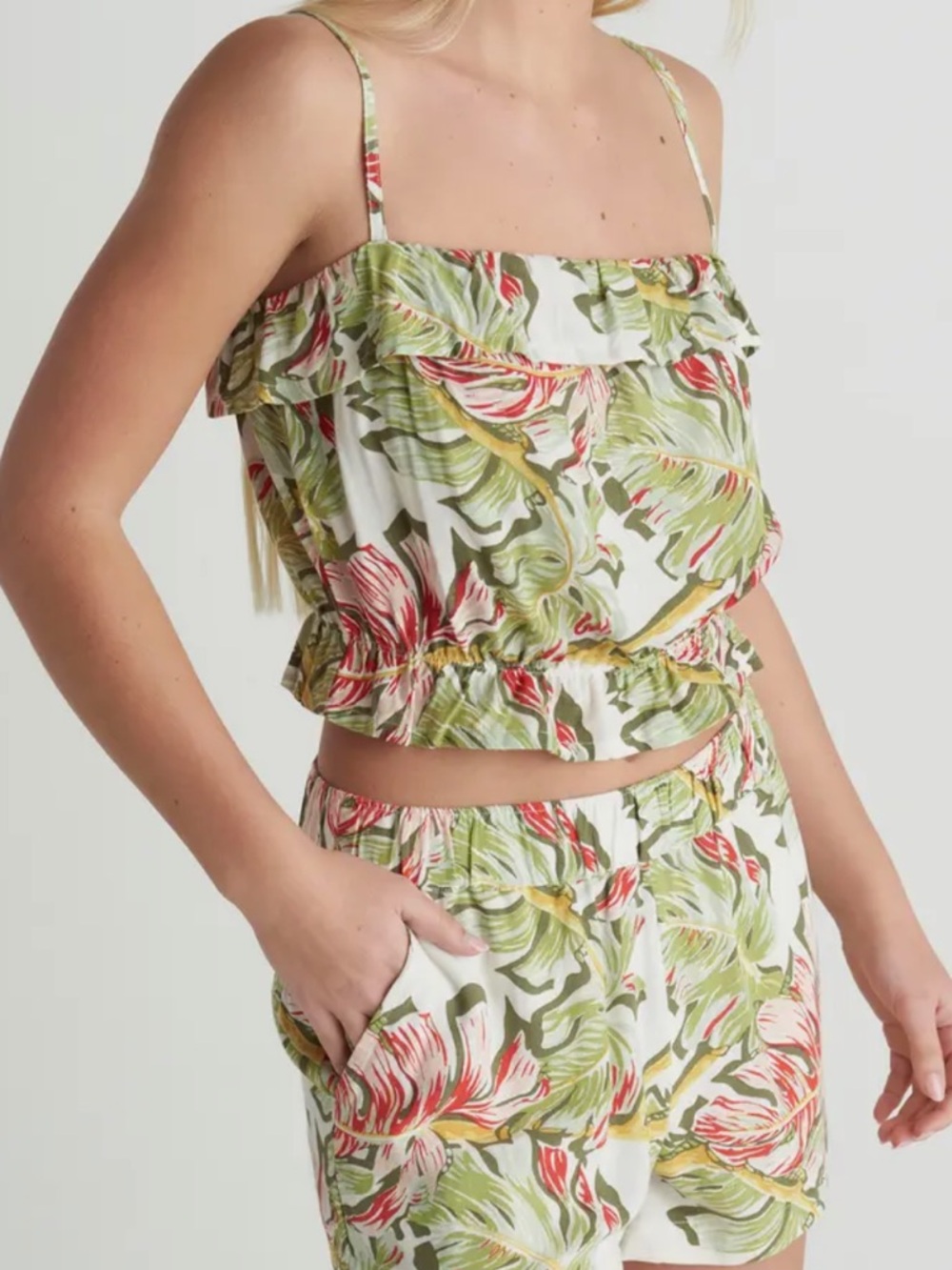 Hurley Cropped Cami and Shorts Set - Off White with Green & Coral Print